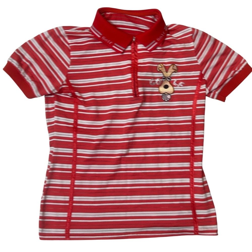 GREEN ITALY SPORTS Polo Shirt Women M Red Excellence Striped Dog Rhinestone
